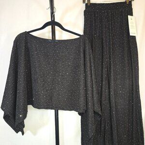 Black Off the Shoulder Crinkle Pantsuit with Rhinestones